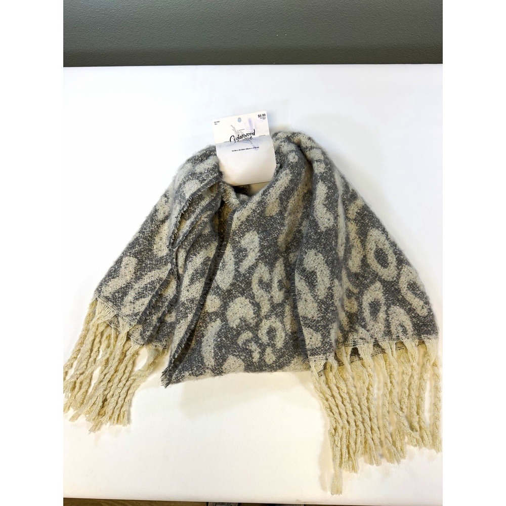 Cedarwood Threads Leopard Print Fringe Scarf Gray White Blanket Wrap 19x83in